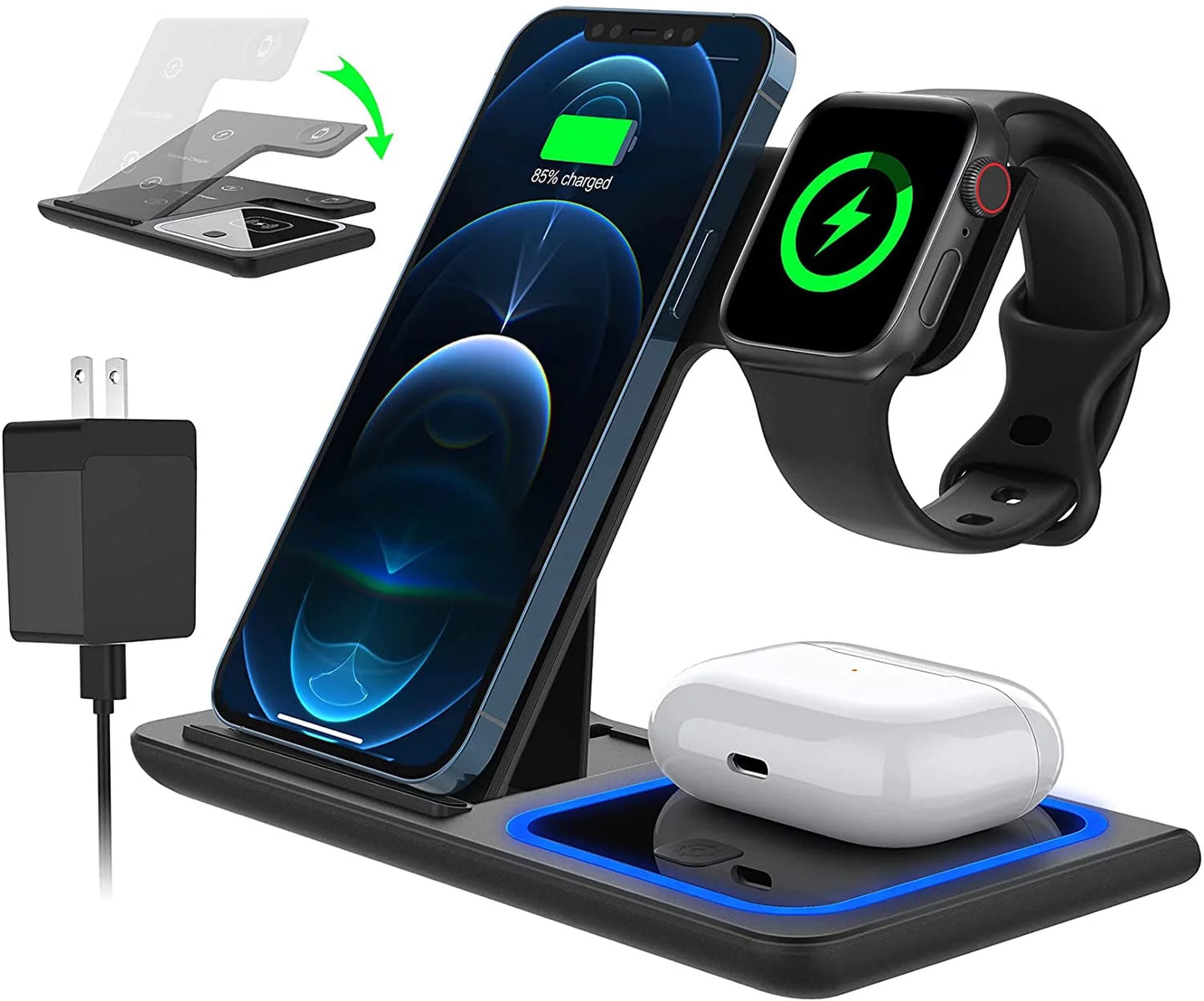 Wireless Charger, 18W Fast Iphone Charging Station Compatible with Iphone 16E/15/14/13/12/11/Pro Max/Plus, 3 in 1 Wireless Charging Stand for Iwatch SE 10/9/8/7/6/5/4/3, Airpods Pro/3/2