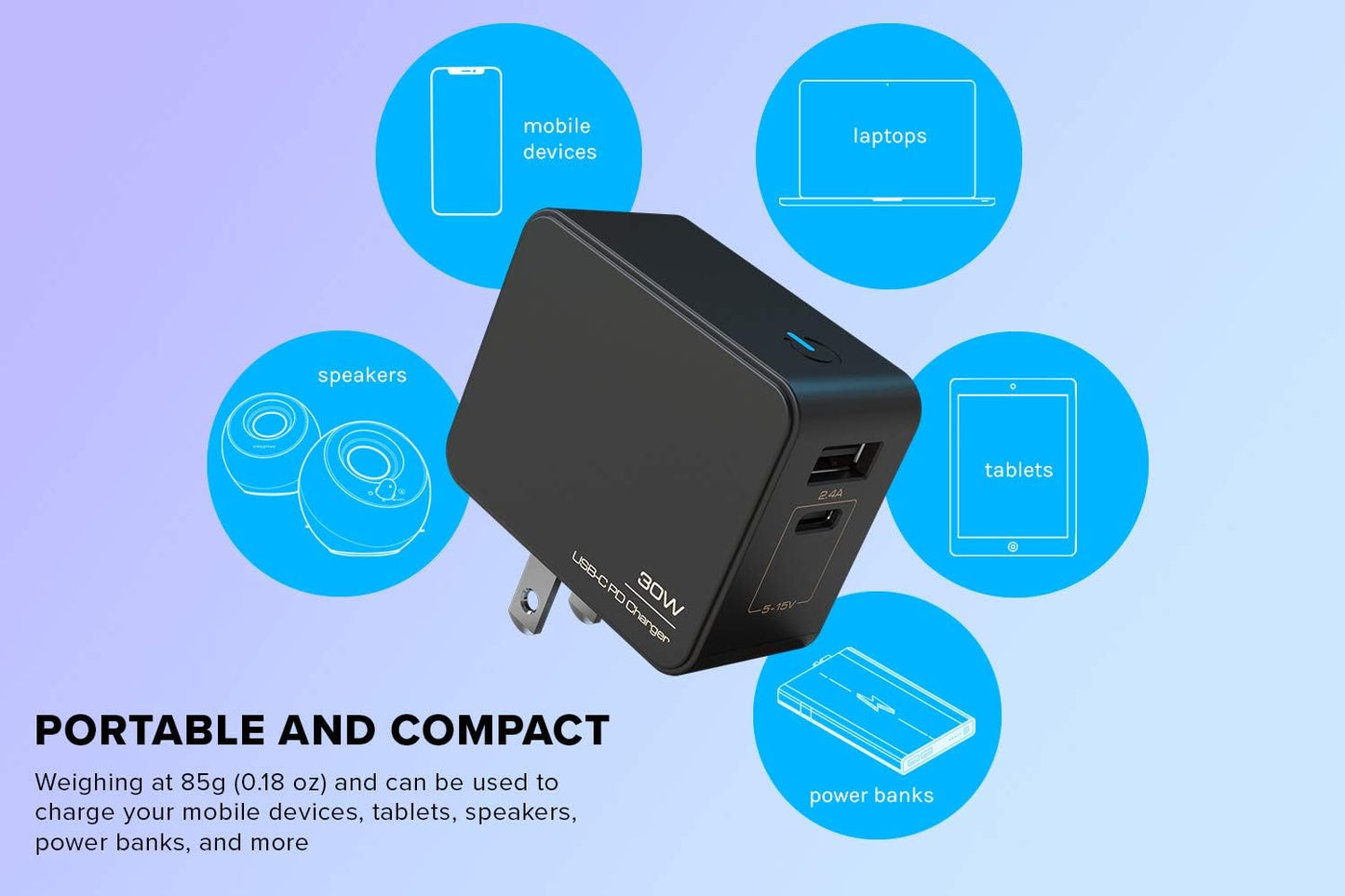 30W PD Adapter with USB Power Delivery 3.0 and QC 3.0 Wall Charger, Comes with 1 USB-C and 1 USB-A Ports, and AC Plugs for US/JP/EU/UK, Compatible with Pebble Series Speakers…