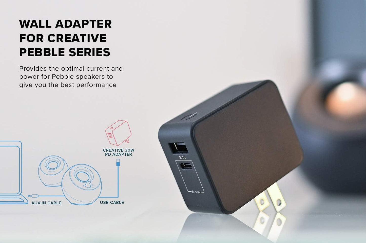 30W PD Adapter with USB Power Delivery 3.0 and QC 3.0 Wall Charger, Comes with 1 USB-C and 1 USB-A Ports, and AC Plugs for US/JP/EU/UK, Compatible with Pebble Series Speakers…