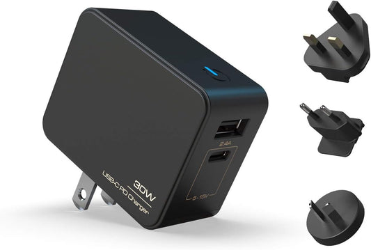 30W PD Adapter with USB Power Delivery 3.0 and QC 3.0 Wall Charger, Comes with 1 USB-C and 1 USB-A Ports, and AC Plugs for US/JP/EU/UK, Compatible with Pebble Series Speakers…